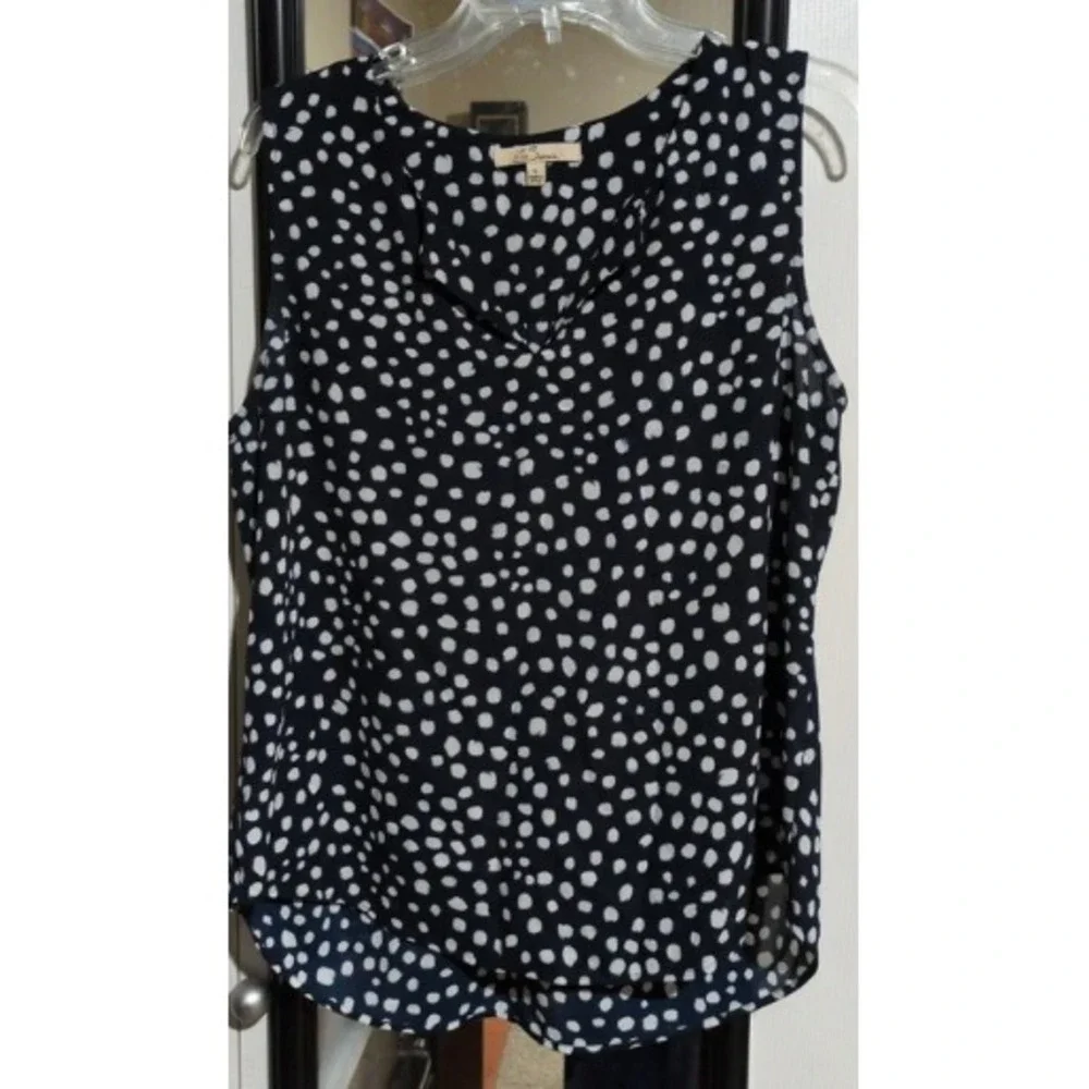 Lark & Ro Sleeveless Ruffle Blouse Womens Large Black Ivory Snow Dot Polka Dot - Picture 1 of 4